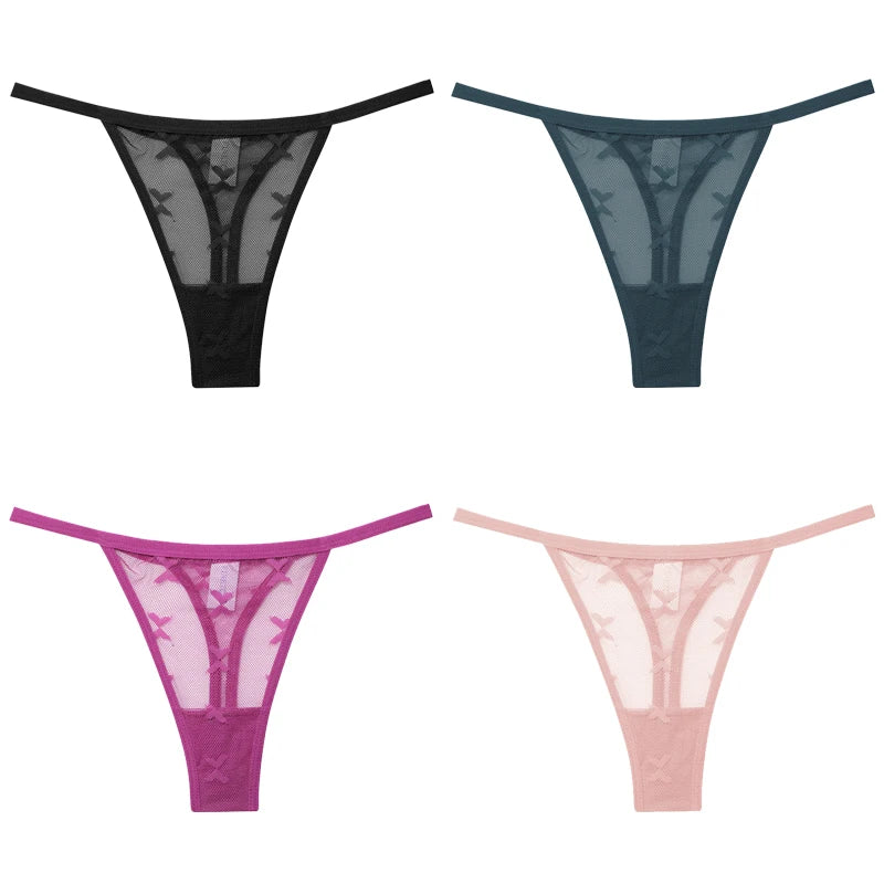 FINETOO 4Pcs/set Lace Thongs Sexy Low Waist Bikini Panties S-XL Lace G-string Underpants Comfortable T-Back Underwear Lingerie