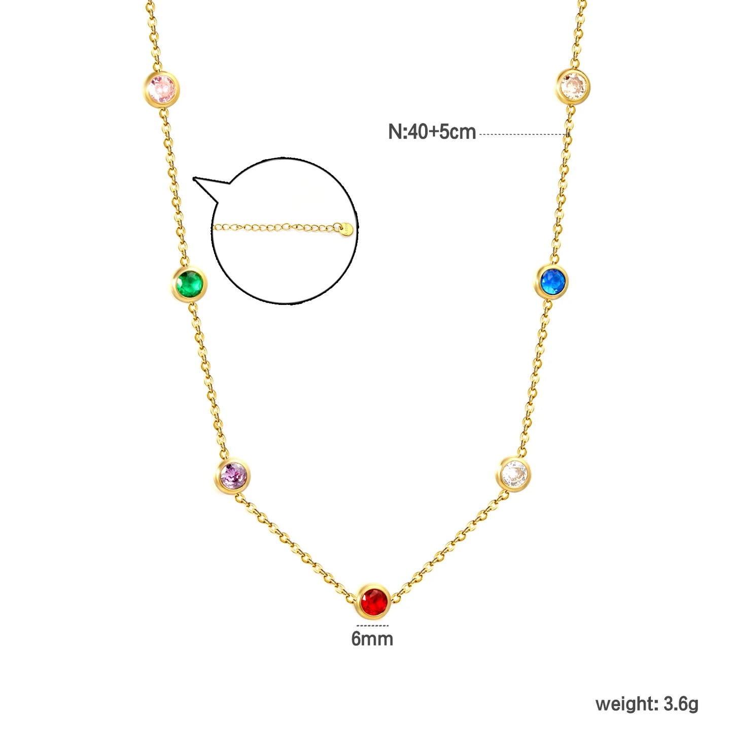 Colorful Rhinestone Chain Necklace – Multicolor Zirconia 18K Gold-Plated Stainless Steel Sweater Necklace for Women