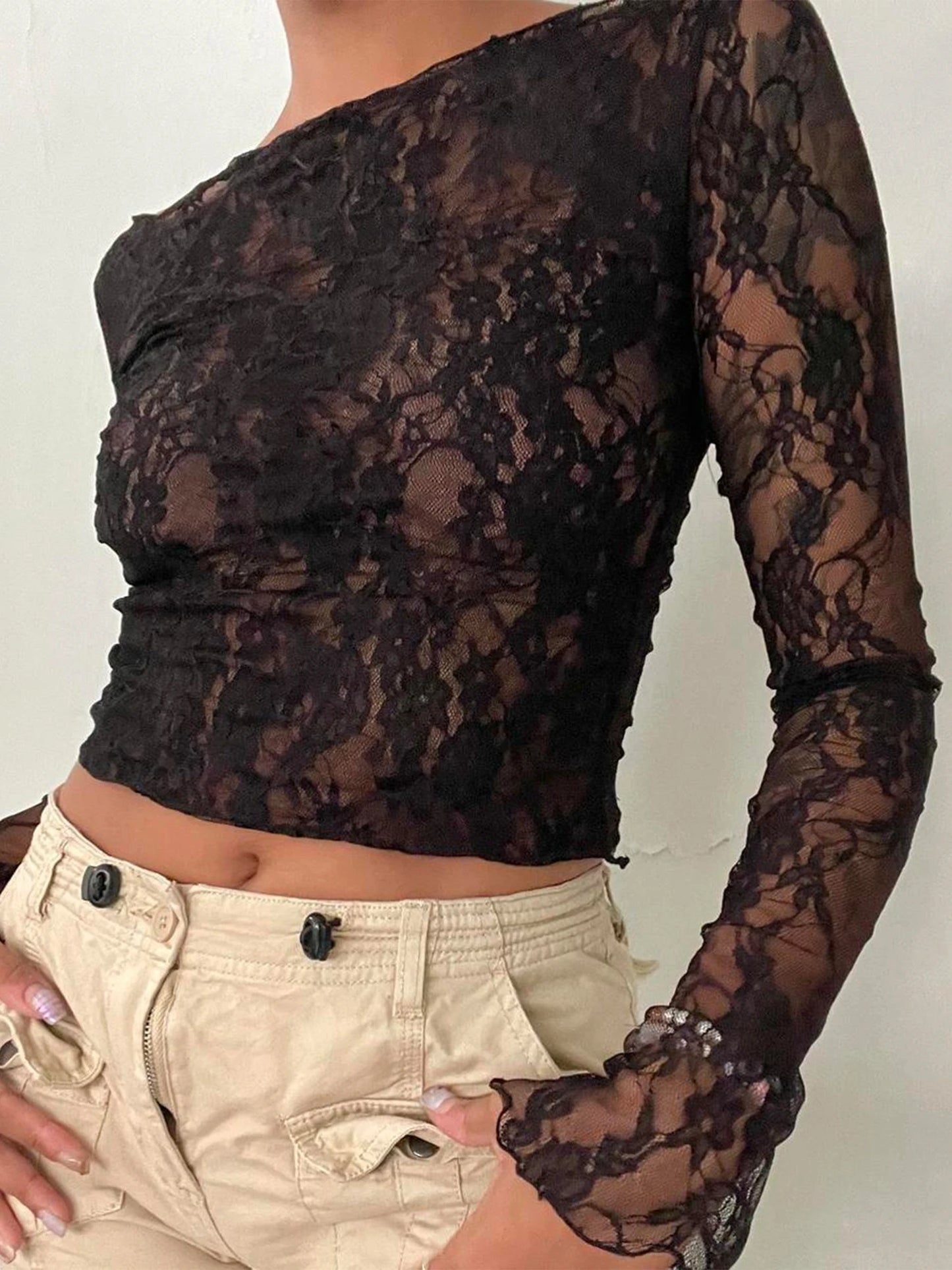 Sexy Women Lace Mesh Sheer Crop Tops Long Sleeve See Through T Shirt Going Out Tops Slim Fit Cover Up Blouse Top