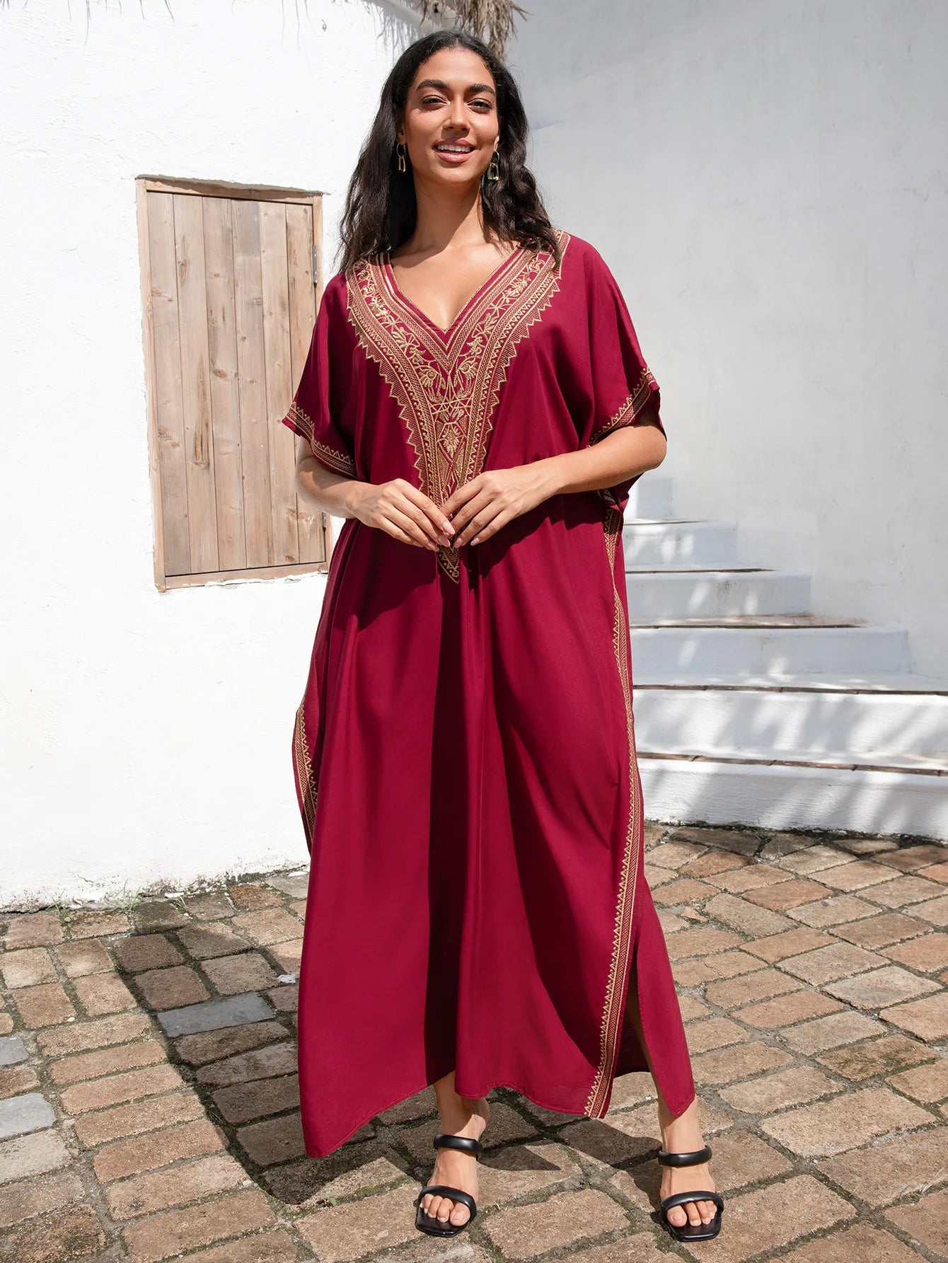 Embroidery Beach Cover-Up Kaftan — Loose V-Neck Long Robe | Women's Swimsuit Cover-Up