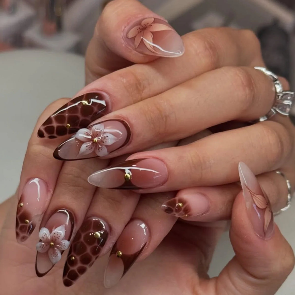 Almond Press-On Nails - 3D Floral, Butterfly & French Tip, 24 Pieces