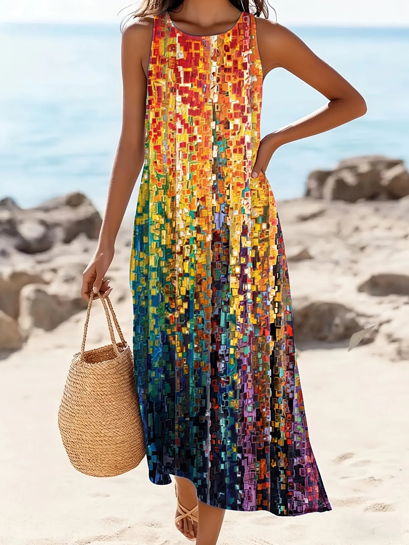 Women's Casual Dress with a Round Neck Sleeveless Featuring Paisley Pattern Print Leisure Bohemian Trendy V-neck Ankle-length