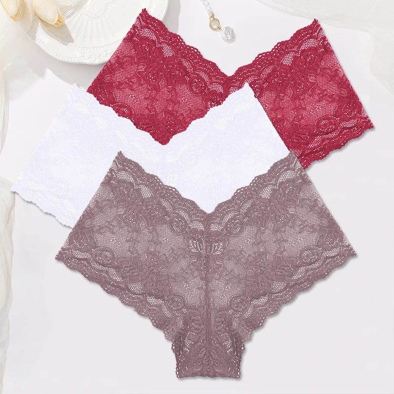 3-Pack Floral Lace Boyshort Panties – Low-Rise Ultra-Thin Underwear for Women (S–XL, 10 Color Sets)