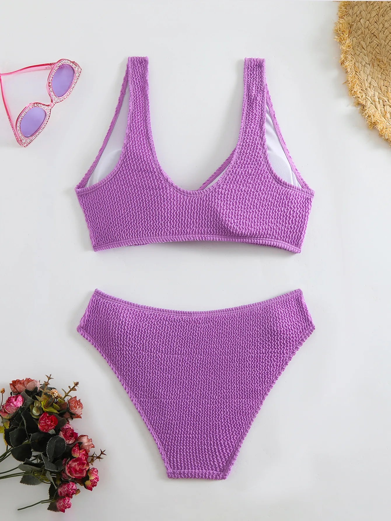 Solid Color High Waist Bikini Set — V-Neck Textured Top & Cheeky Bottoms | Women's Swimwear