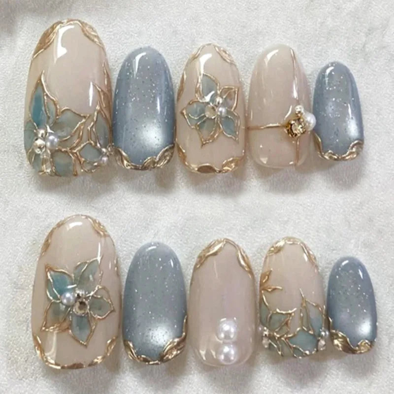 Almond Press-On Nails - 3D Floral, Butterfly & French Tip, 24 Pieces