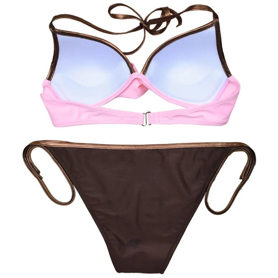 Neon Trim Twist Bikini Set — V-Neck Top & Side-Tie Low Waist Bottoms | Women's Swimwear