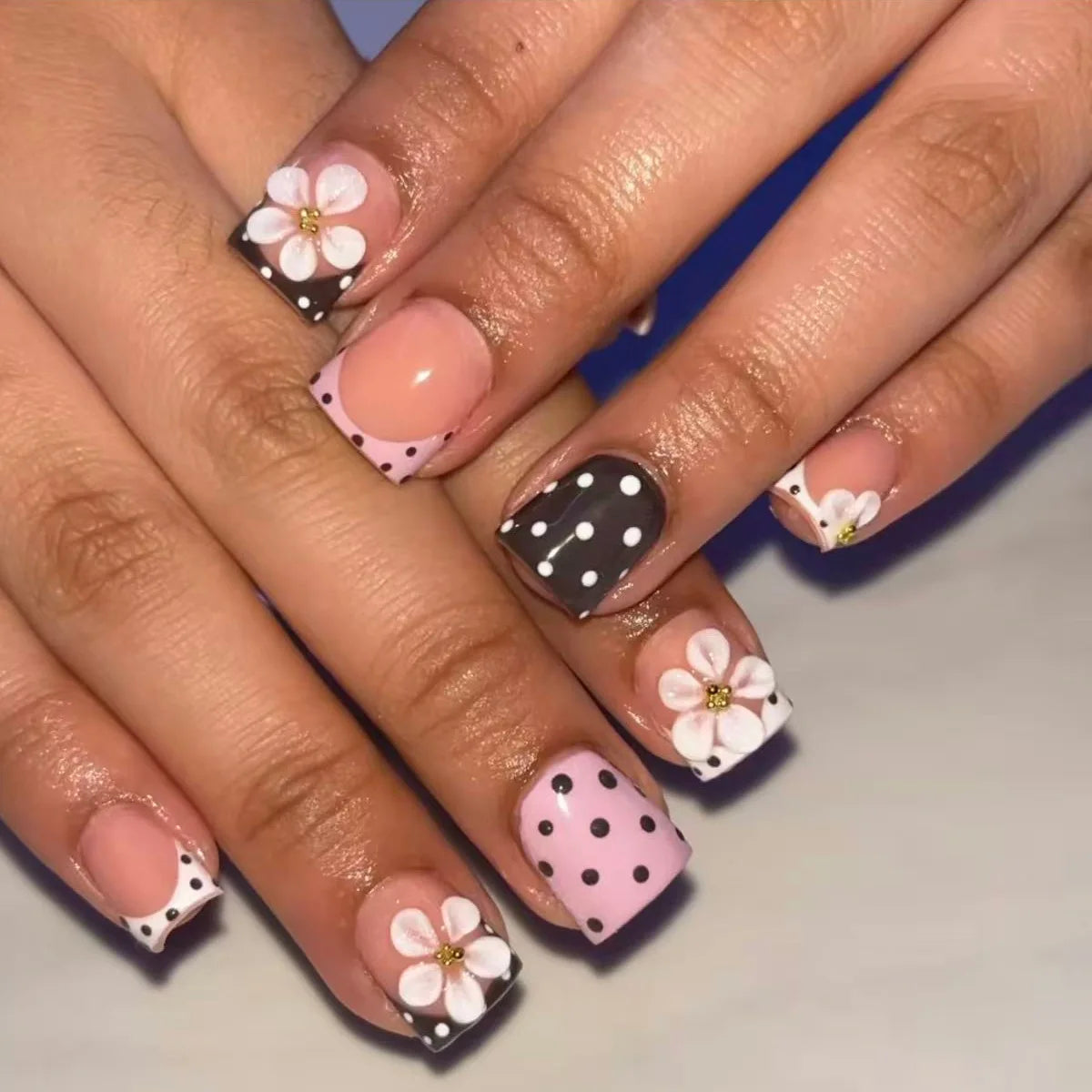 Medium Square Press-On Nails with Adhesive - Blush Pink Floral & French, 24 Pieces