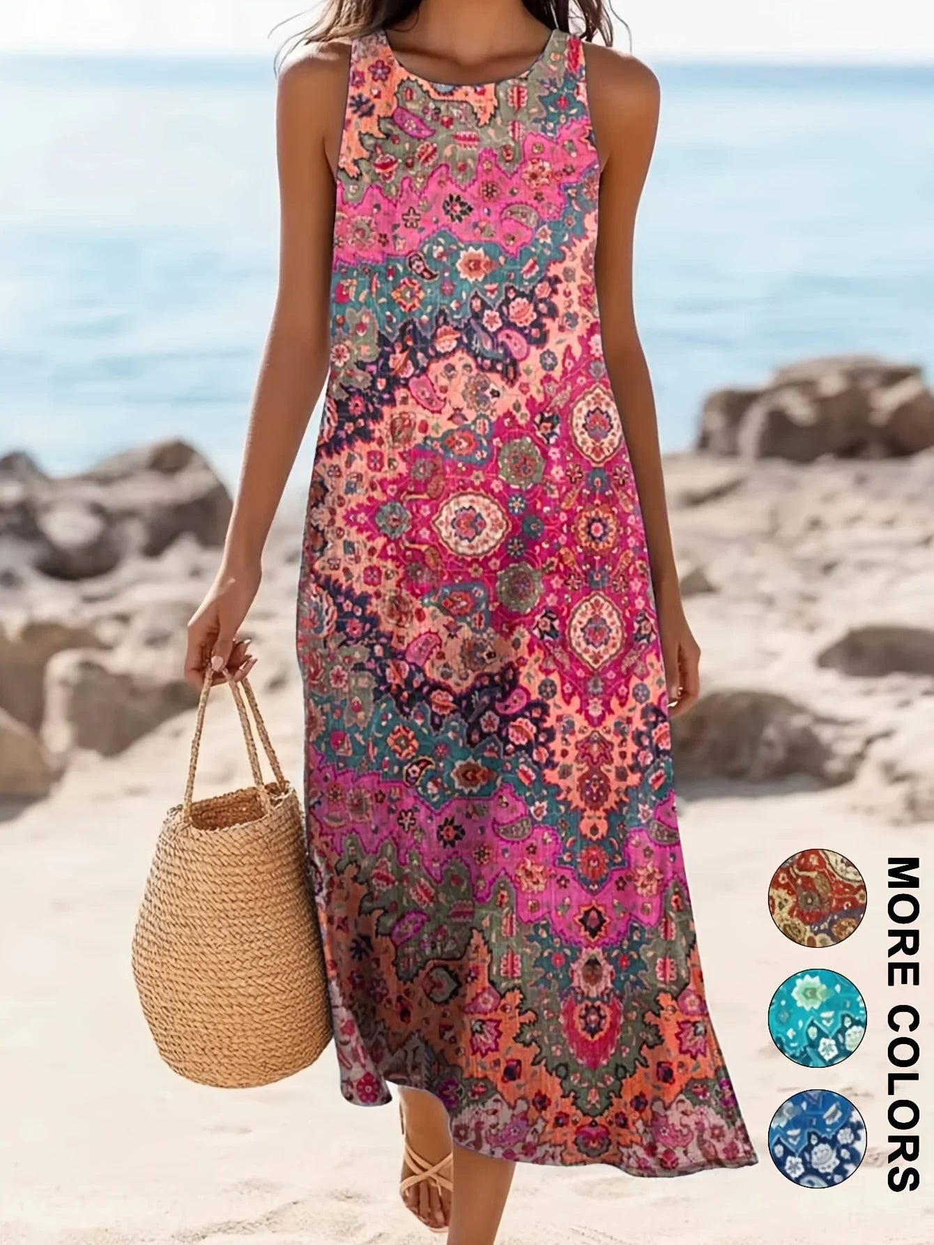 Women's Casual Dress with a Round Neck Sleeveless Featuring Paisley Pattern Print Leisure Bohemian Trendy V-neck Ankle-length