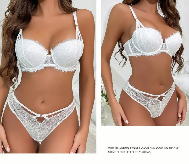 Floral Embroidery Push-Up Bra & Panty Set – Underwire, ¾ Cup, Hollow Design | Women's Lingerie