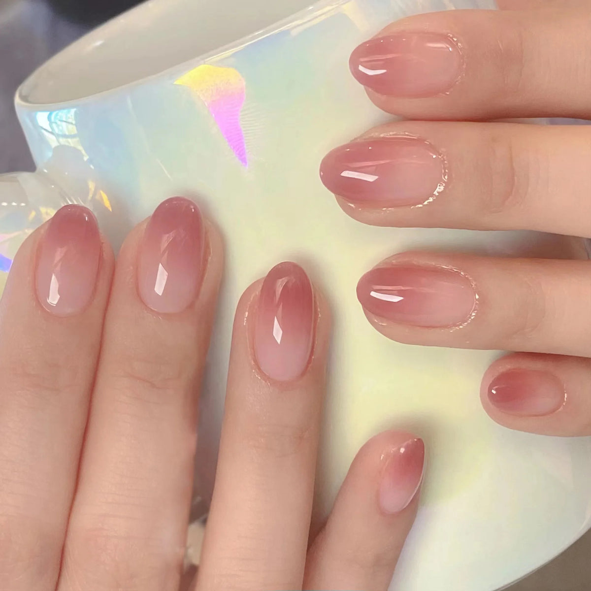 Short Blush Pink Press-On Nails with Glue – Oval Designs, 24 Pieces