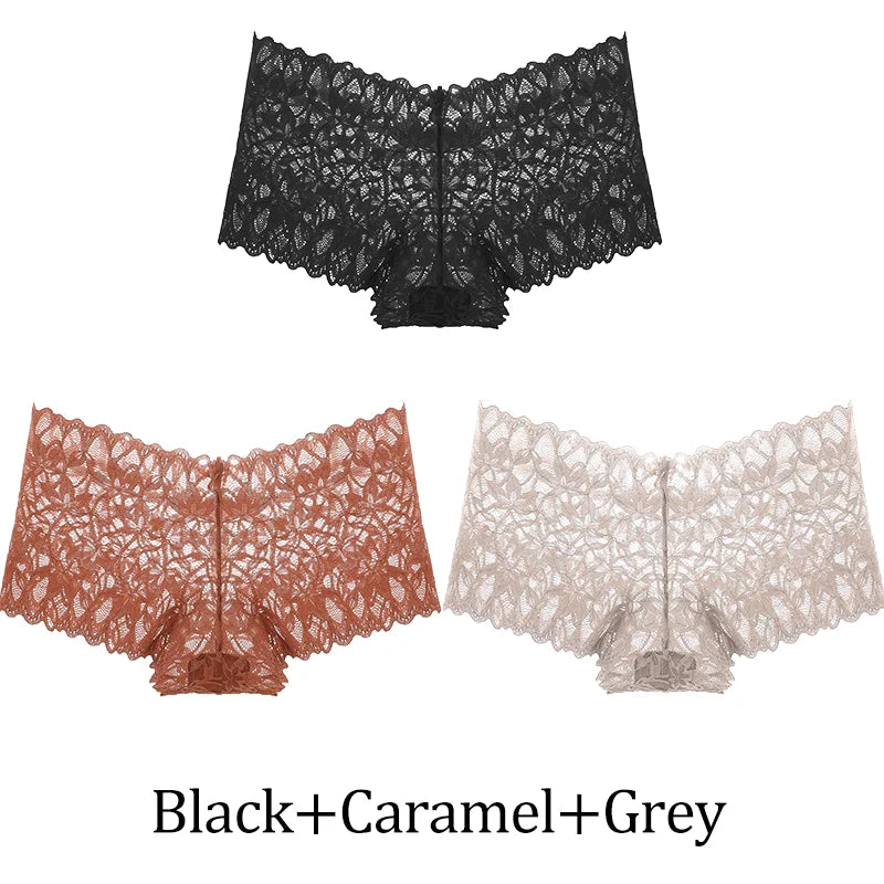3-Pack Lace Boyshort Panties – Low-Rise Floral Underwear for Women (S–XL, 14 Color Sets)