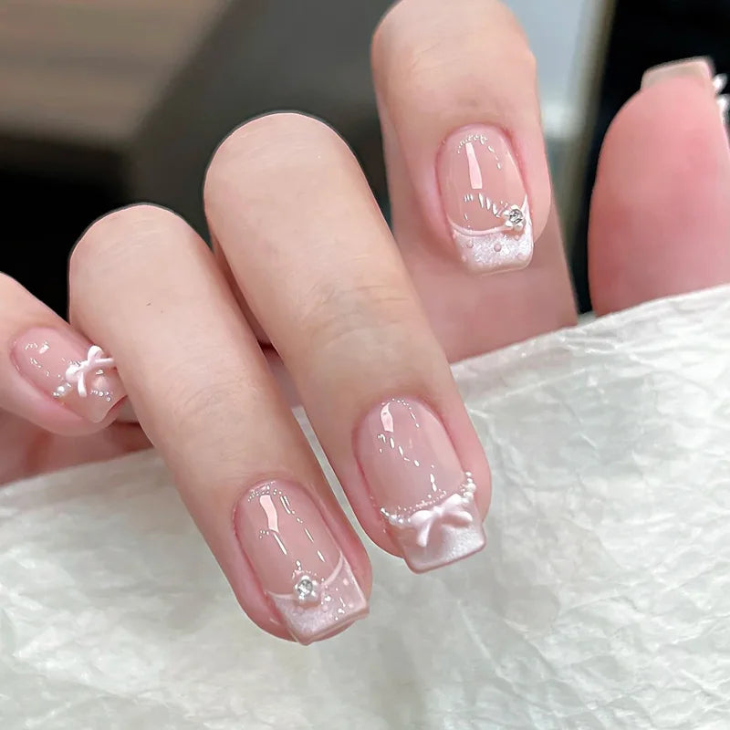 Short Press-On Nails - French Tip, Bow & Glitter Designs, 24 Pieces