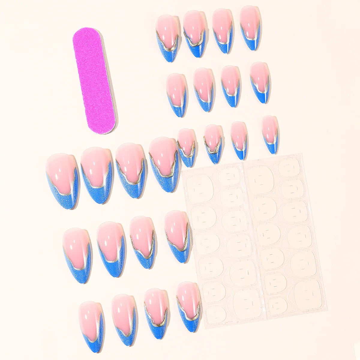 Blue Cat-Eye Press-On Nails – Medium Almond Glitter & Stripe Designs, 24 Pieces