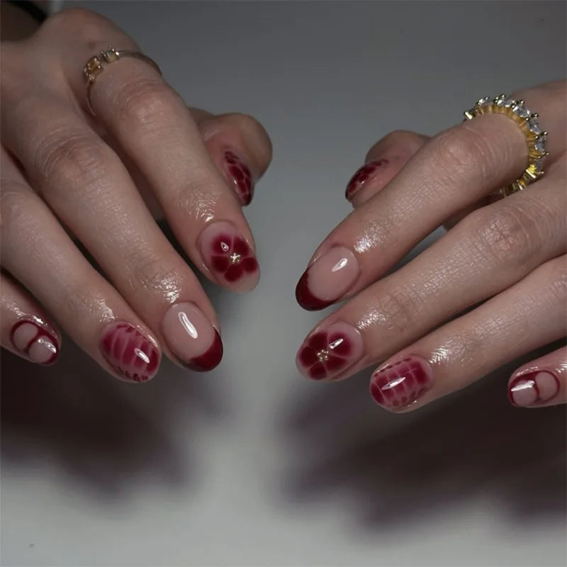 Pink Floral Press-On Nails – Almond Flower Designs, 24 Pieces