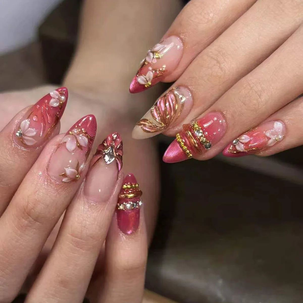 Almond Press-On Nails - 3D Floral, Butterfly & French Tip, 24 Pieces