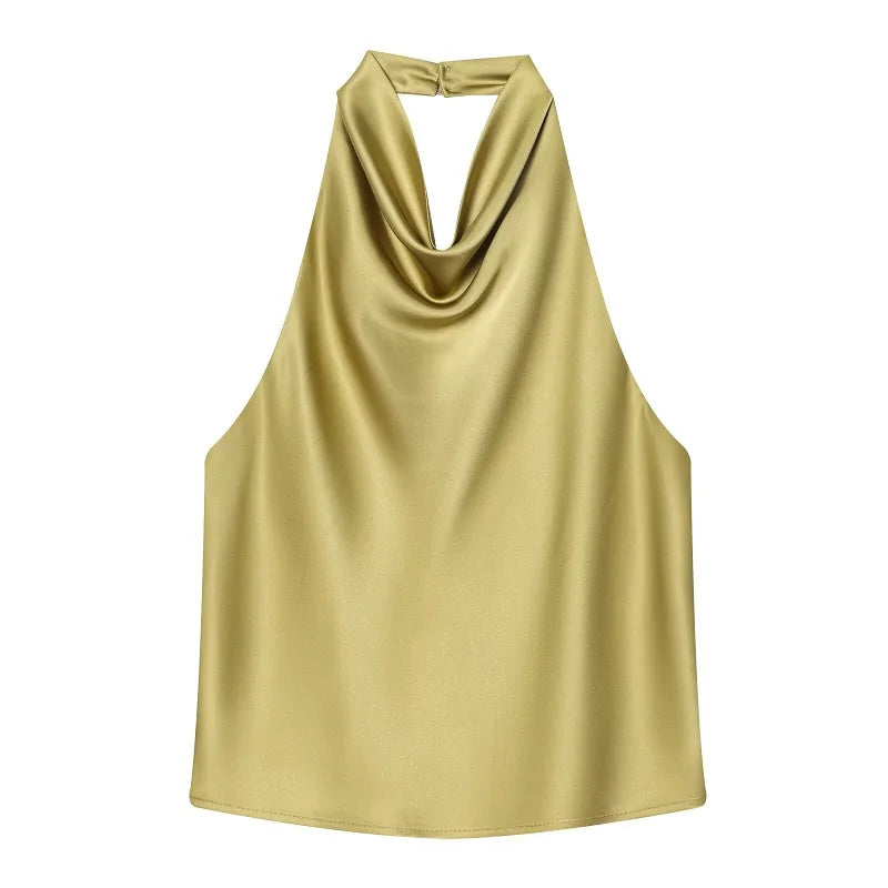 Satin Halter Cowl-Neck Backless Top — Women's Camisole