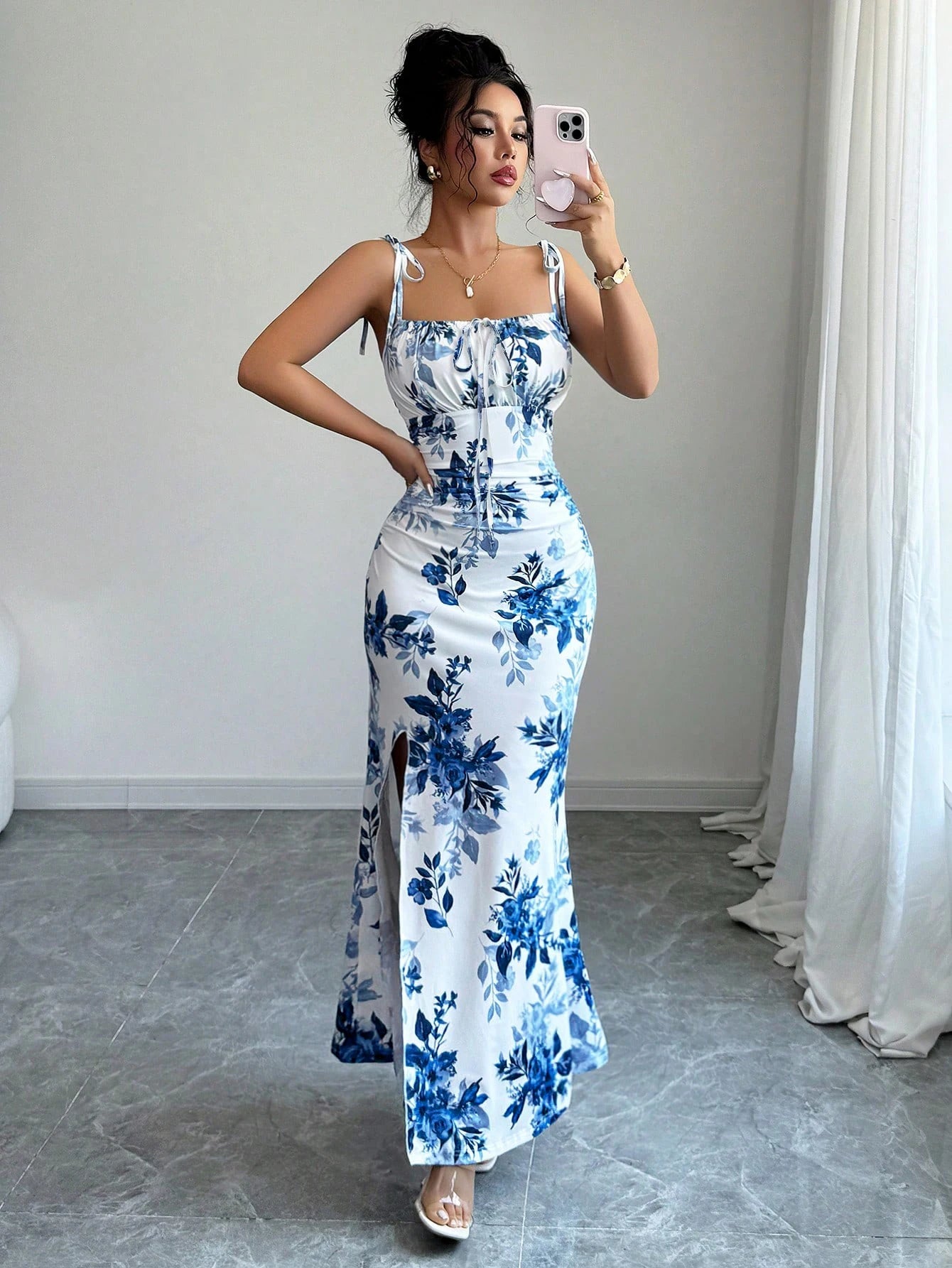 Drawstring Printed Bodycon Split Cami Dress Sexy Slim-fit Essential for Daily & Dates
