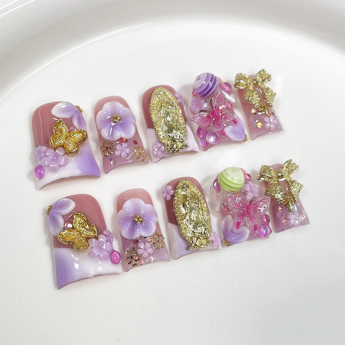 Handmade Duck Tip Press-On Nails - Ocean-Inspired 3D Floral, 10 Pieces