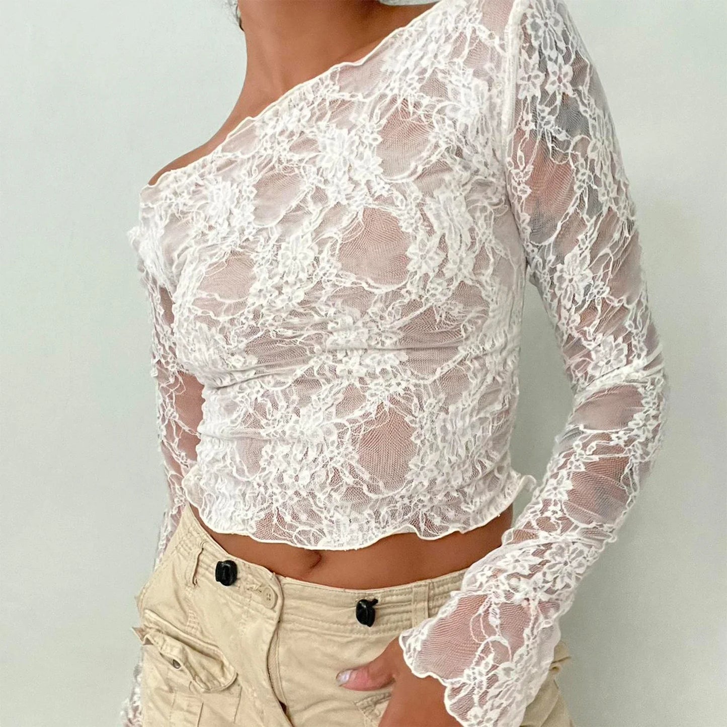 Sexy Women Lace Mesh Sheer Crop Tops Long Sleeve See Through T Shirt Going Out Tops Slim Fit Cover Up Blouse Top
