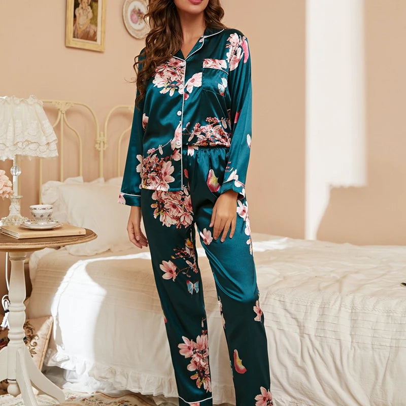 Satin Floral Pajama Set — Long Sleeve Button-Up Top & Pants