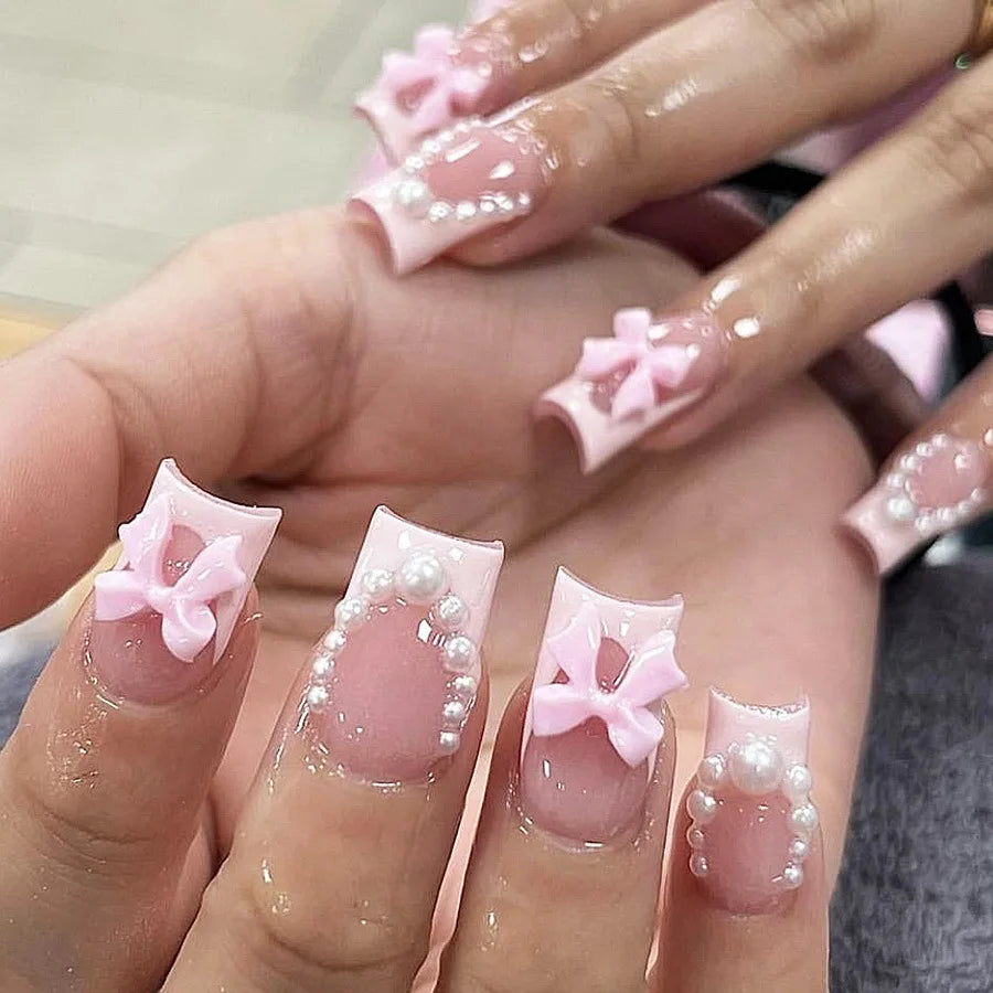 Medium Square Press-On Nails with Adhesive - Blush Pink Floral & French, 24 Pieces