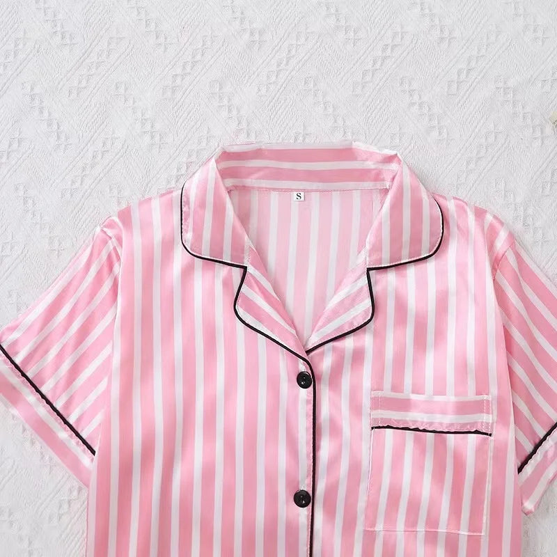 Striped Cardigan Pajama Set – Short-Sleeve Lapel Top & Shorts, Cotton Homewear for Women (S–XL)
