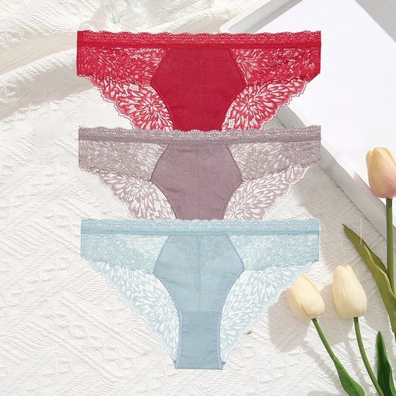 3-Pack Seamless Lace Hollow-Out Brief Panties – Soft Breathable Low-Rise Underwear for Women (S–XL, 20 Color Sets)