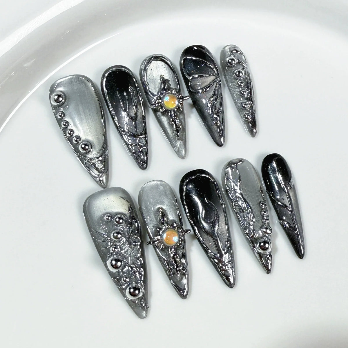 Long Stiletto Press-On Nails – Blue & Pink Cat-Eye with Silver Stripes, 10 Pieces