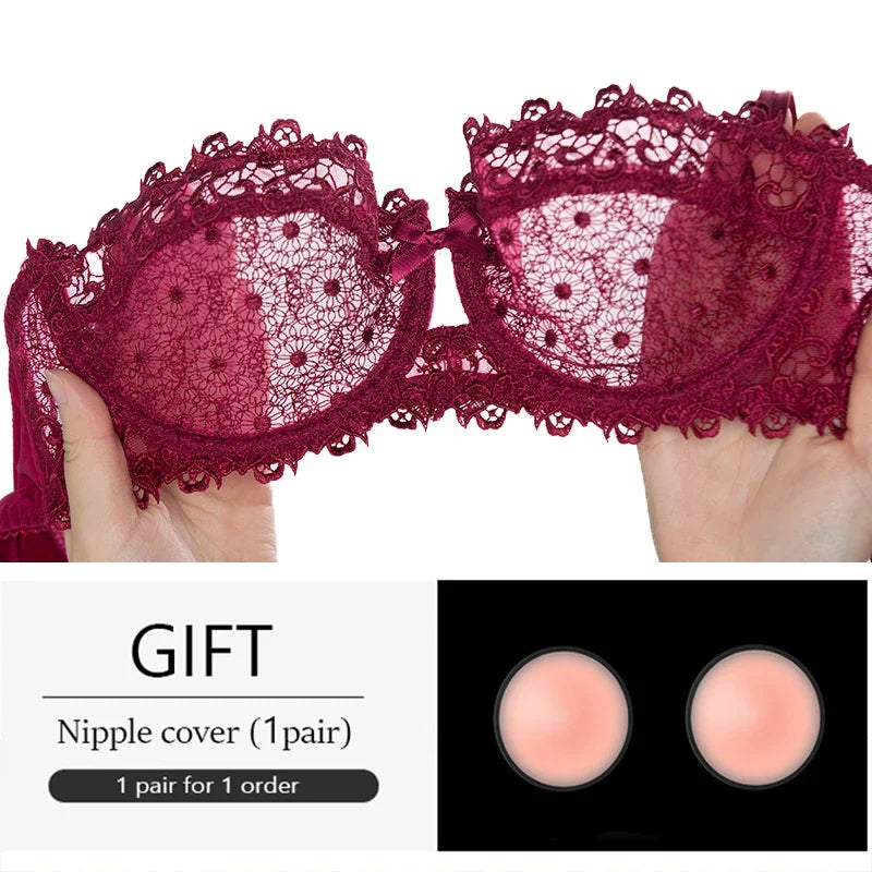 Women's Plus Size Sexy Half Cup Lace Bra | Sheer Mesh Unlined Bralette with Underwire | Natural Lift Lingerie for A-D Cup (70A–95D)