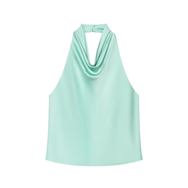 Satin Halter Cowl-Neck Backless Top — Women's Camisole