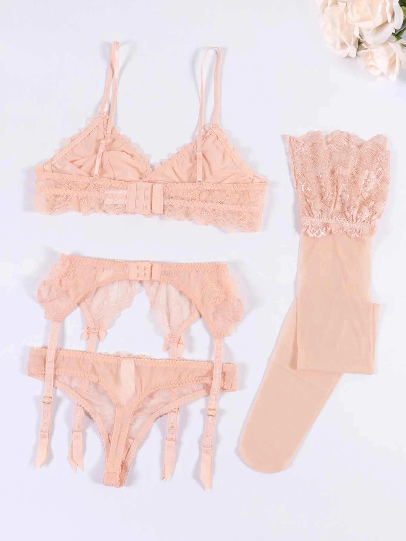 Floral Lace Bralette Lingerie Set — Wire-Free Bra, Thong, Garter Belt & Stockings | Women's Lingerie