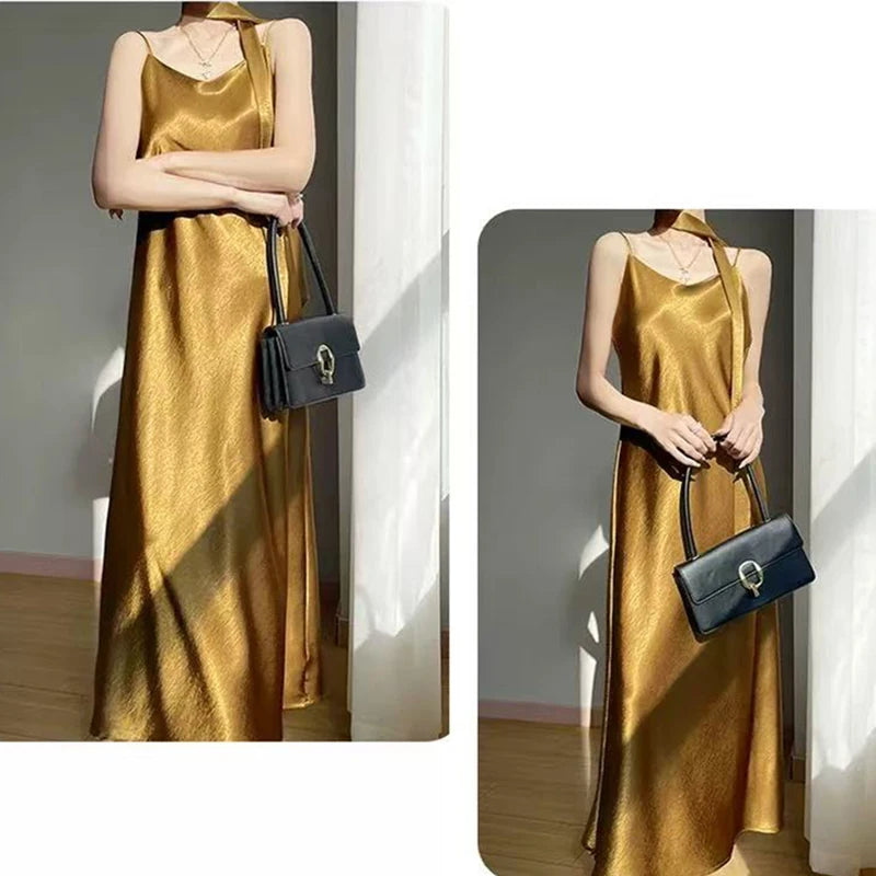 French Elegant Satin Camis Dress Women Summer Loose with Ribbon Midi Dress Female Fashion Aesthetic Party Evening Slip Dress