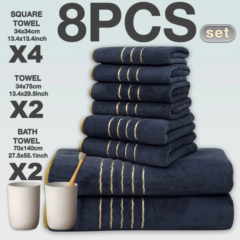 Golden Striped Coral Fleece Bath Towel Set – Ultra-Soft, Quick-Dry, Machine Washable (2, 3, 6 or 8 Pcs)