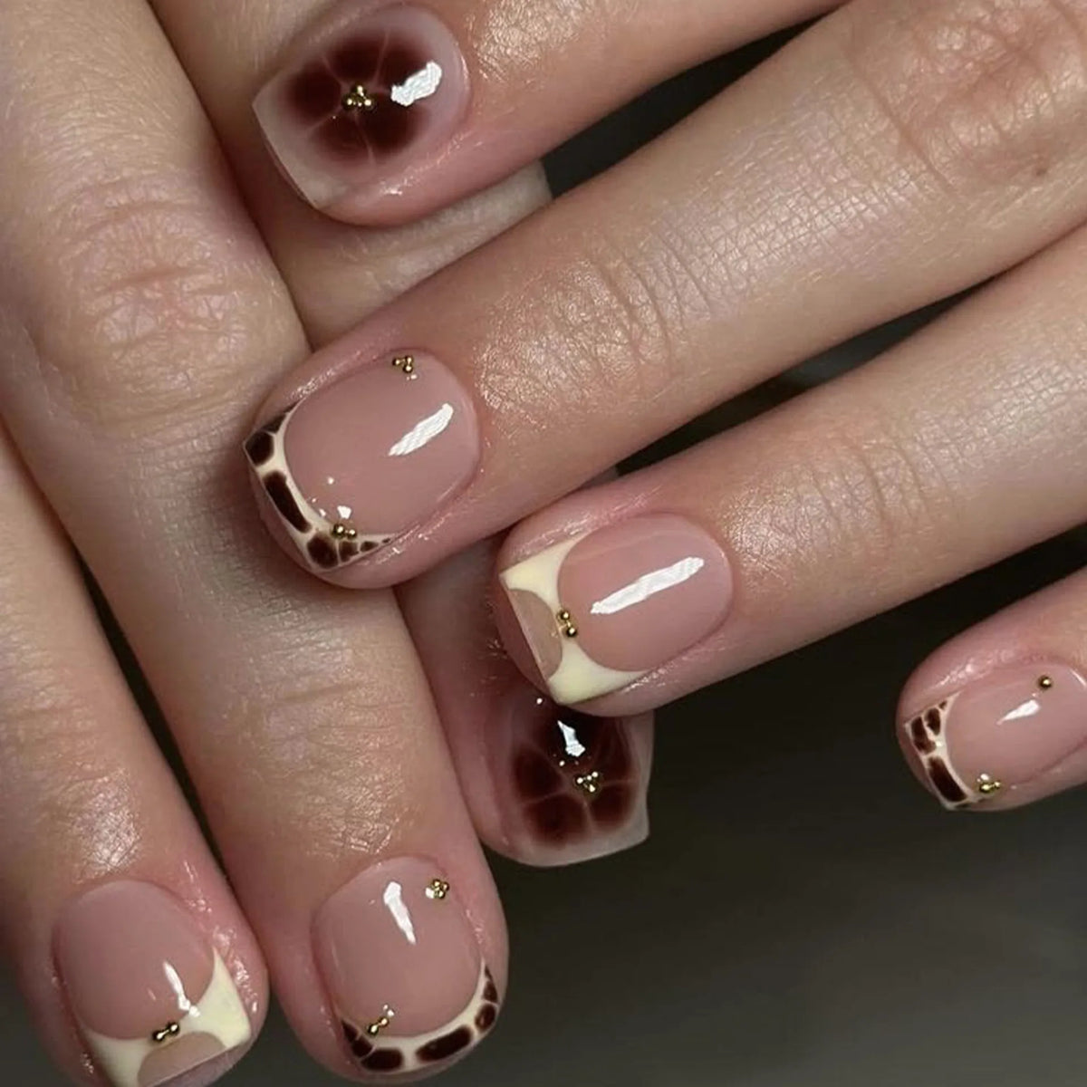 Medium Square Press-On Nails with Adhesive - Blush Pink Floral & French, 24 Pieces