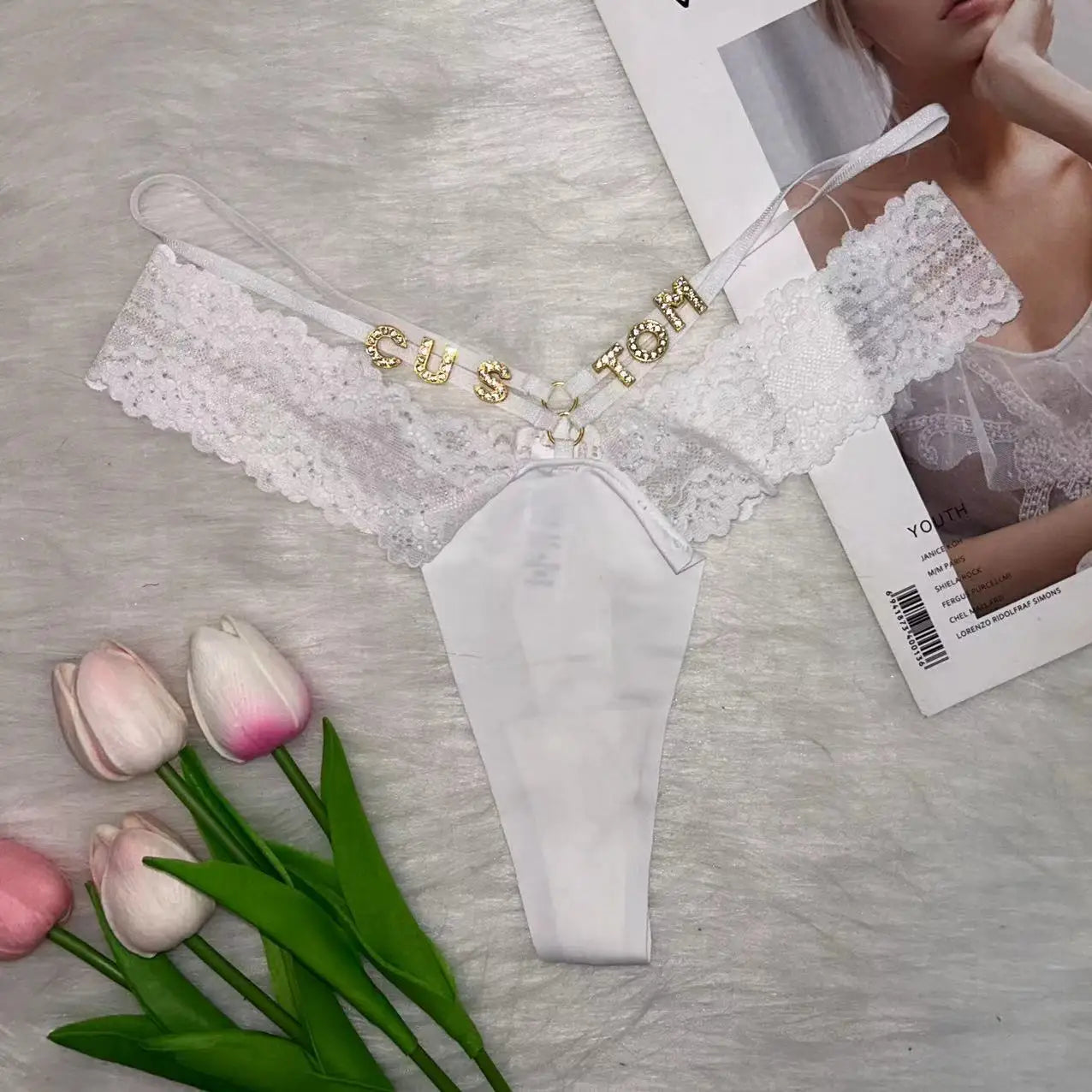 Custom Name Lace G-String Thong | Personalized Crystal Letter Underwear | Sexy Ladies Gift