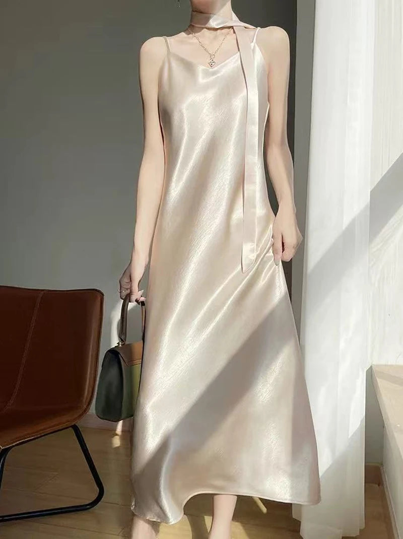 French Elegant Satin Camis Dress Women Summer Loose with Ribbon Midi Dress Female Fashion Aesthetic Party Evening Slip Dress