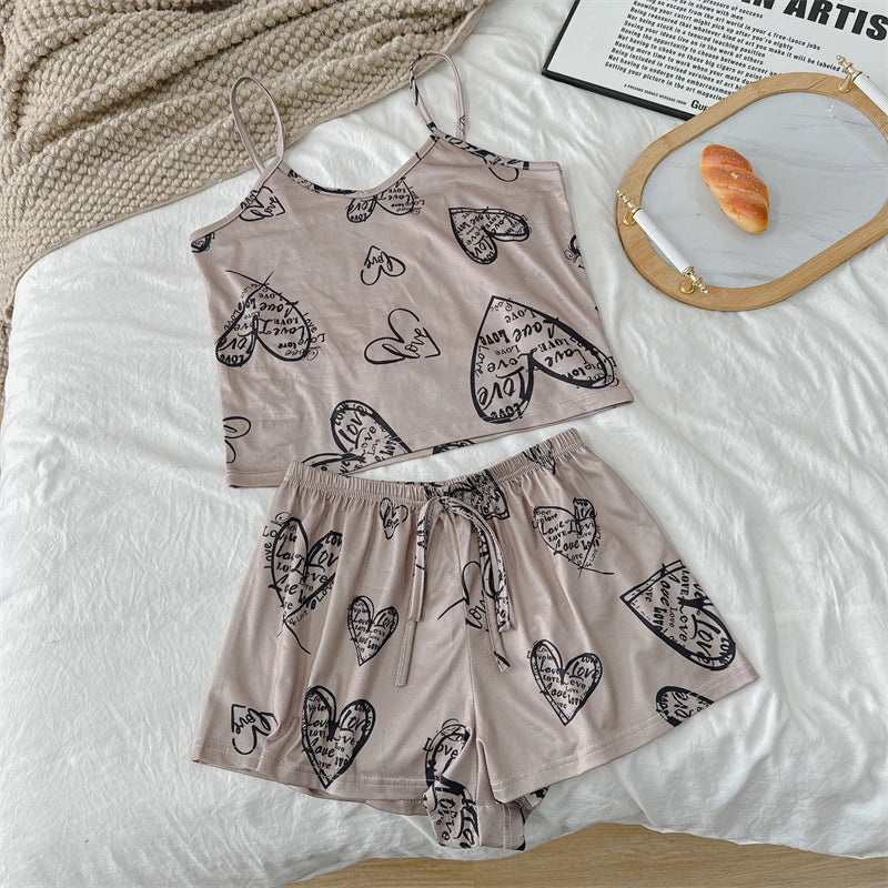 Cherry Print Ice Silk Pajama Set — Sleeveless Cami Top & Shorts