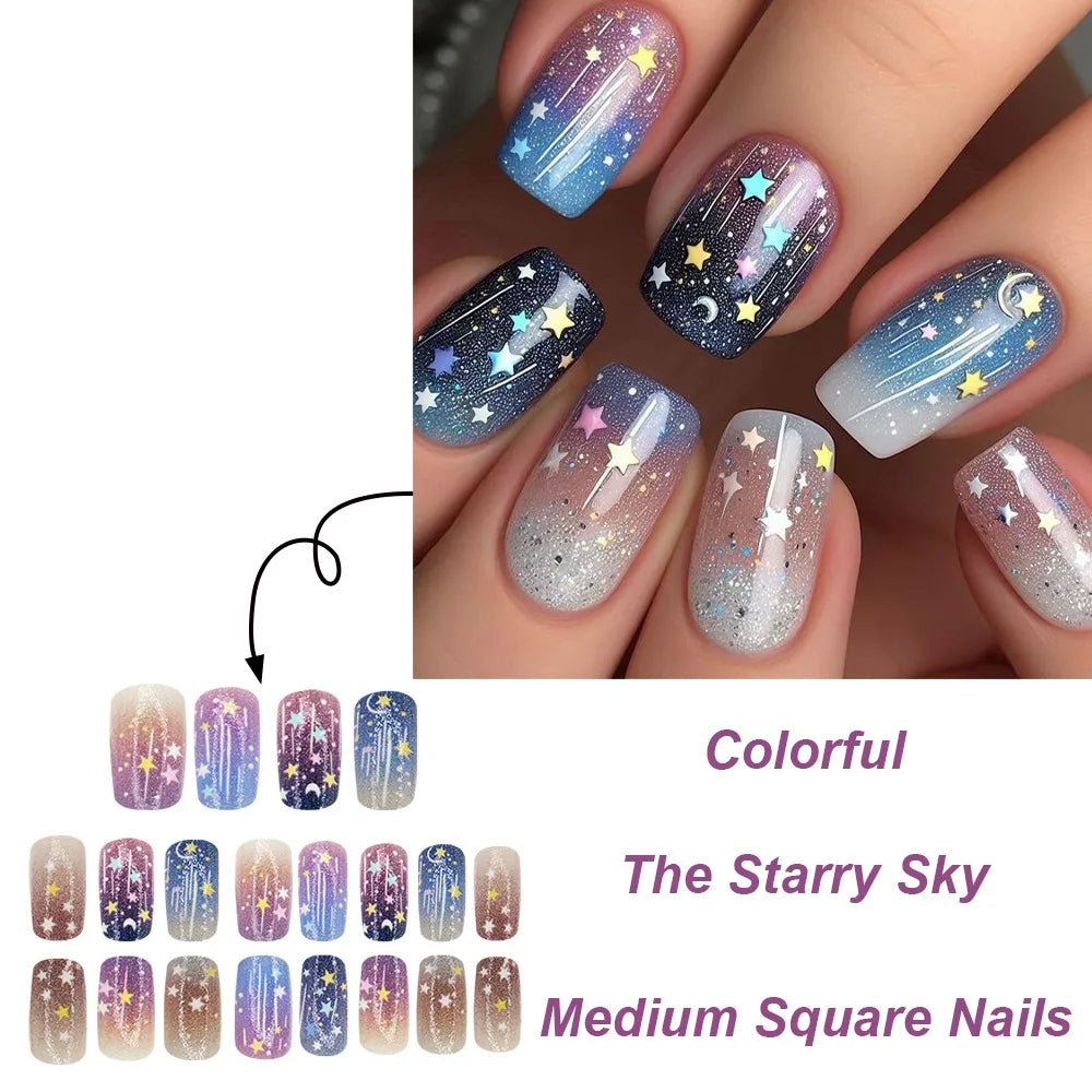 Short Coffin Press-On Nails – Stars & Moon, 24-Piece Set