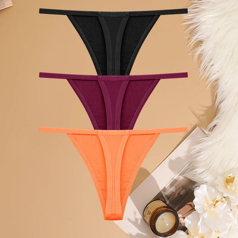 FINETOO 3PCS/Set Sexy Women Cotton G-String Underwear Low Waist Panties Girl T-back Panty Soft Thin Strap Femme Thong Lingerie