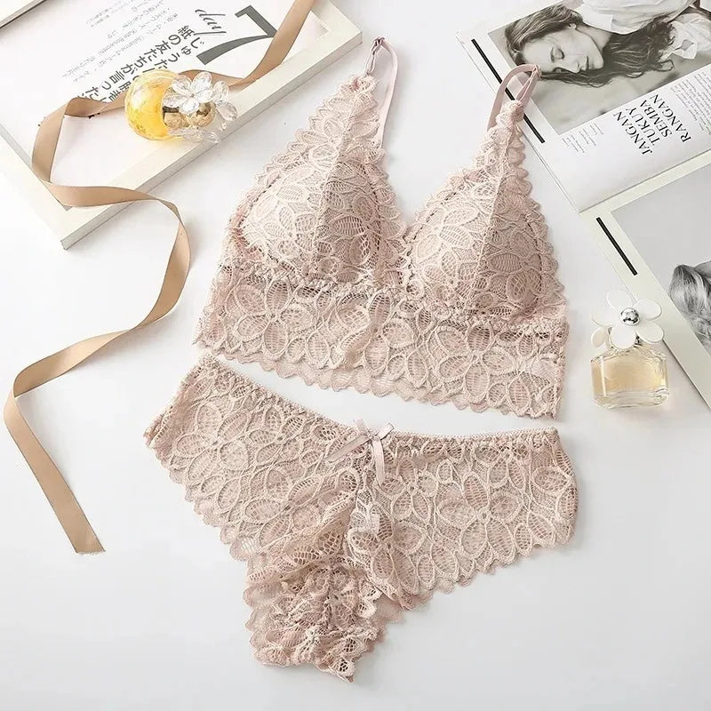 Floral Embroidery Lace Bra & Panty Set — Wire-Free Padded Bralette | Women's Lingerie
