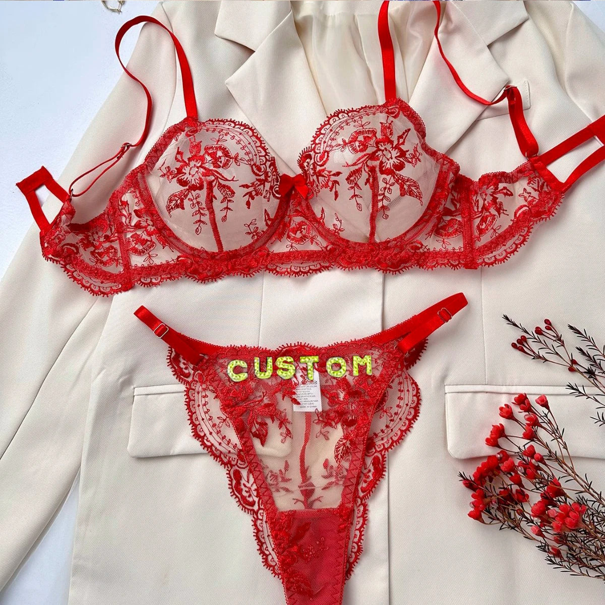 Custom Name 3-Piece Lingerie Set | Sheer Bra + Brief + Crystal Letter Thong | Personalized Gift
