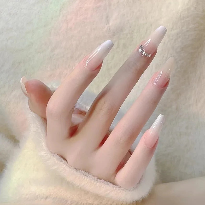 Long Coffin Press-On Nails with Glue – Nude, Pink & Color Designs, 24 Pieces