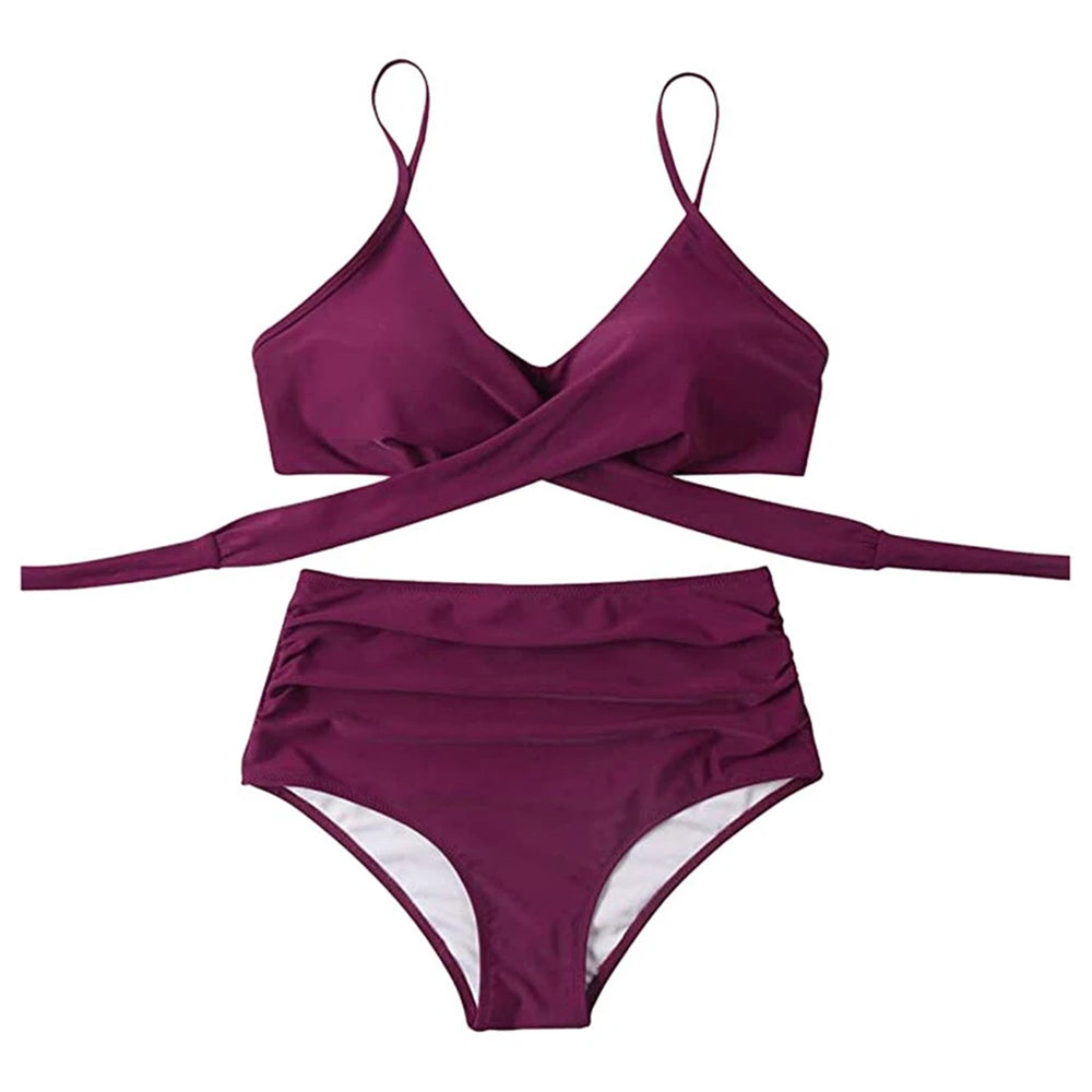 High Waist Bikini Set — Cross Front Top & Ruched Bottoms | Women's Swimwear