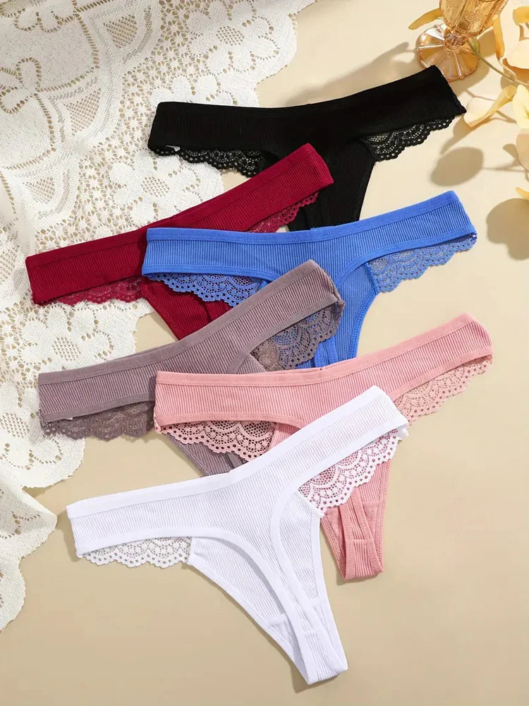 7-Pack Cotton Lace-Waist Thongs — Low-Rise Ribbed G-String Panties
