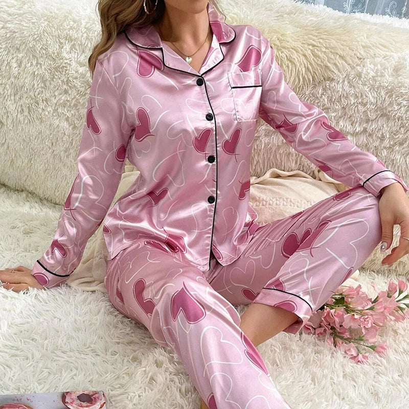 Satin Floral Pajama Set — Long Sleeve Button-Up Top & Pants