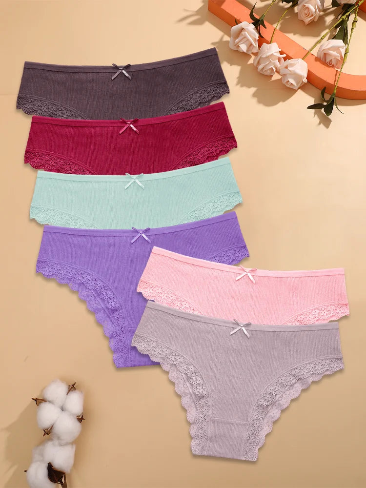 FINETOO 6PCS Women's Cotton Lace Underwear Sexy Crossed Belts Brazilian Panties Female Low Rise Breathable Briefs Soft Lingerie