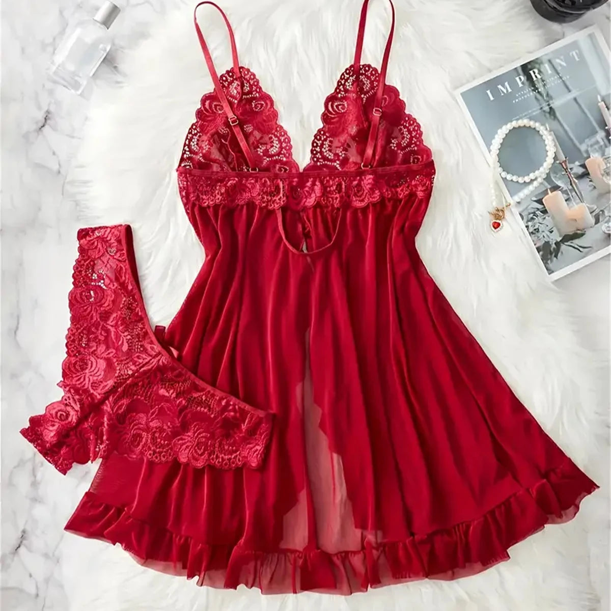 Lace Babydoll Lingerie Set — Floral Embroidery Slip Dress & Panty | Women's Intimate Wear