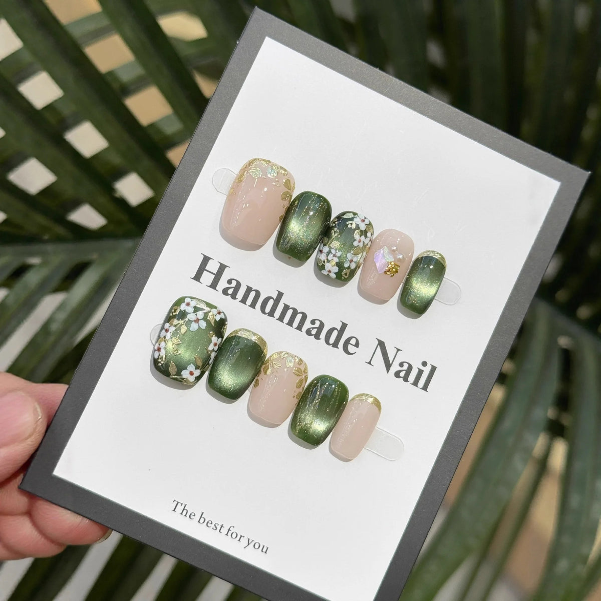 Handmade Short Square Press-On Nails - Floral & Cat Eye, 10-Piece Kit