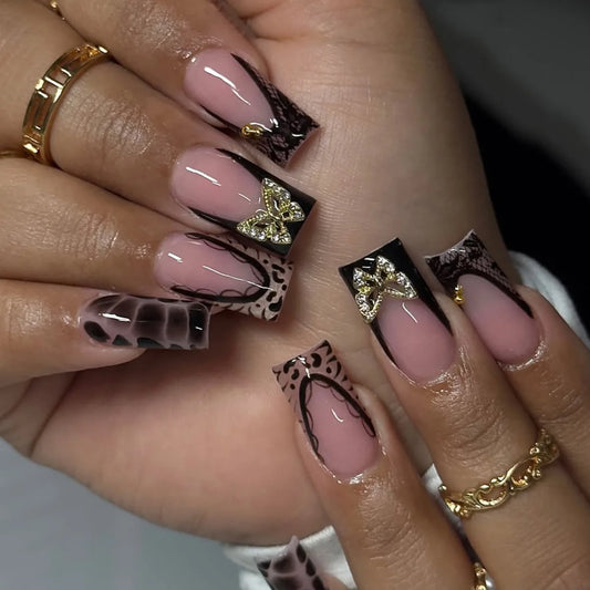 Black French Press-On Nails – Leopard, Lace & Gold Butterfly Designs, 24 Pieces