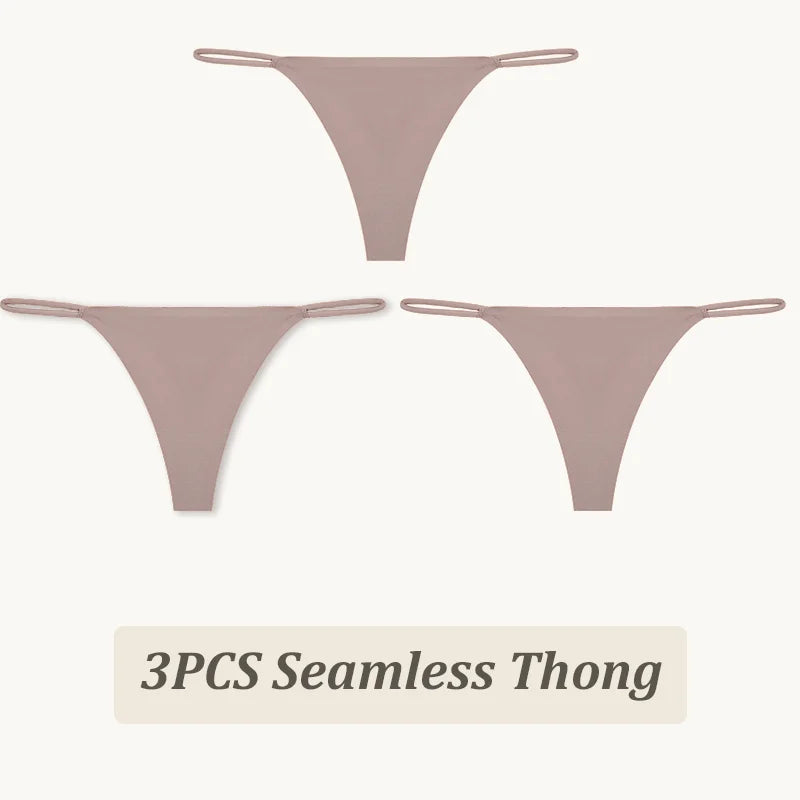 3-Pack Seamless Ice Silk Thong Panties – Low-Rise Flexible Underwear for Women (XS–XL, 25 Color Sets)
